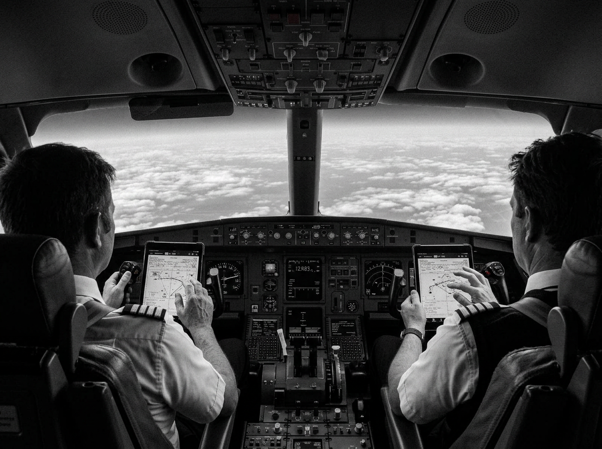 Two commercial airline pilots in the cockpit using iPad-based Electronic Flight Bags